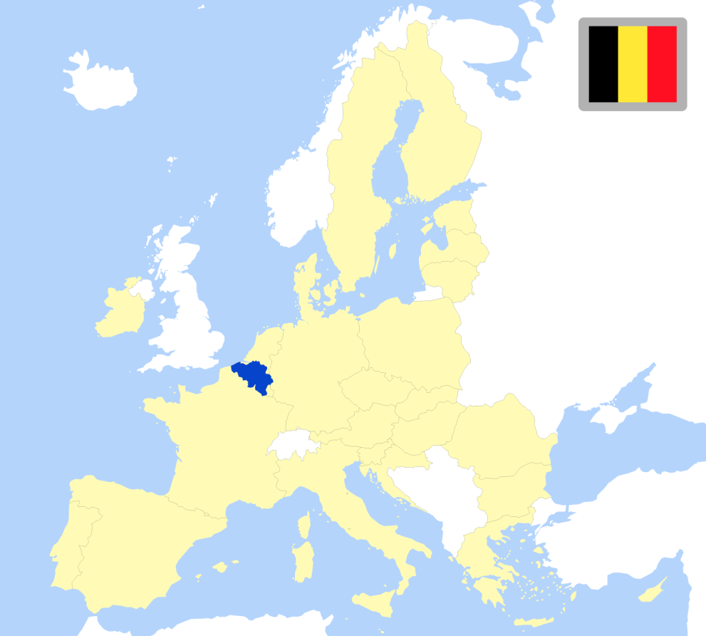 Map of Europe showing location of Belgium and country flag