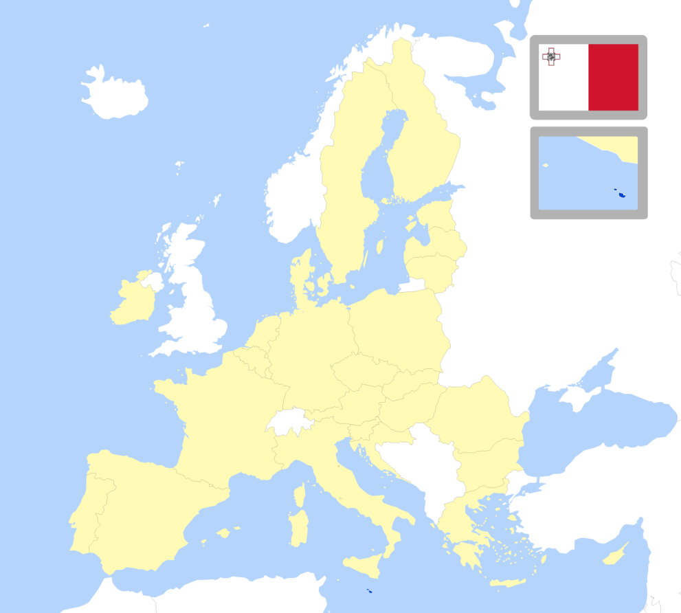 Map of Europe showing location of Malta and country flag