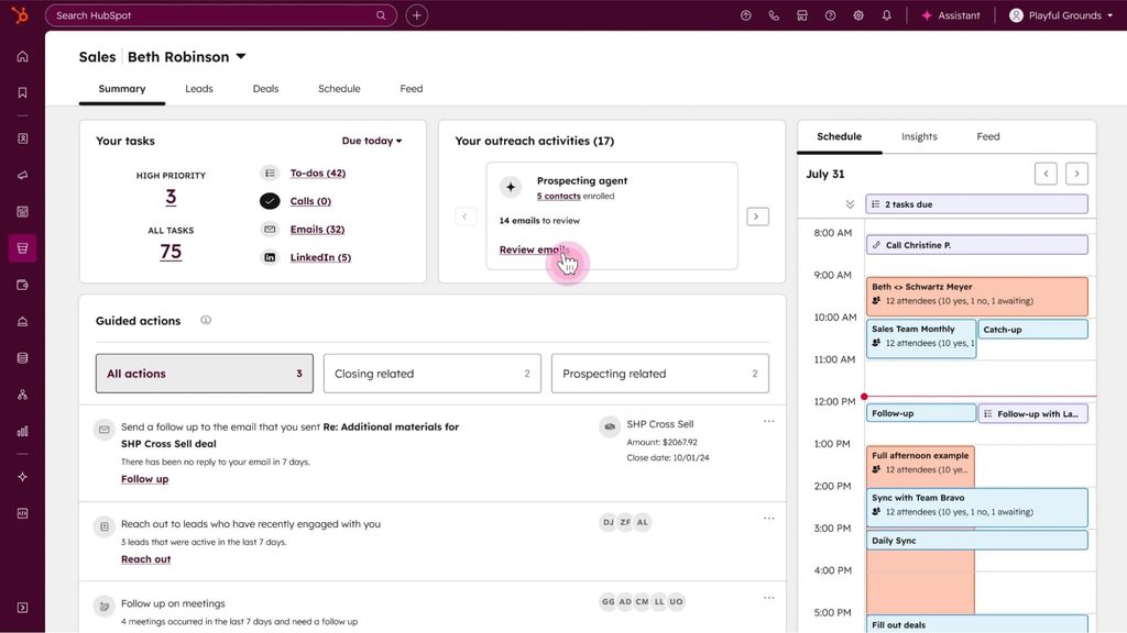HubSpot Sales Workspace with prospecting agent, guided actions, and daily schedule