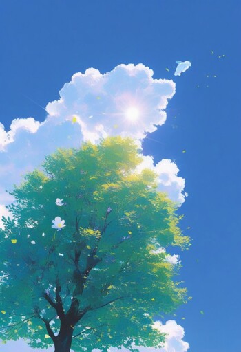 A low angle shot of a tall tree against a brilliant blue sky. Sunlight pours through soft white clouds, as white petals and small leaves drift gently through the air. 