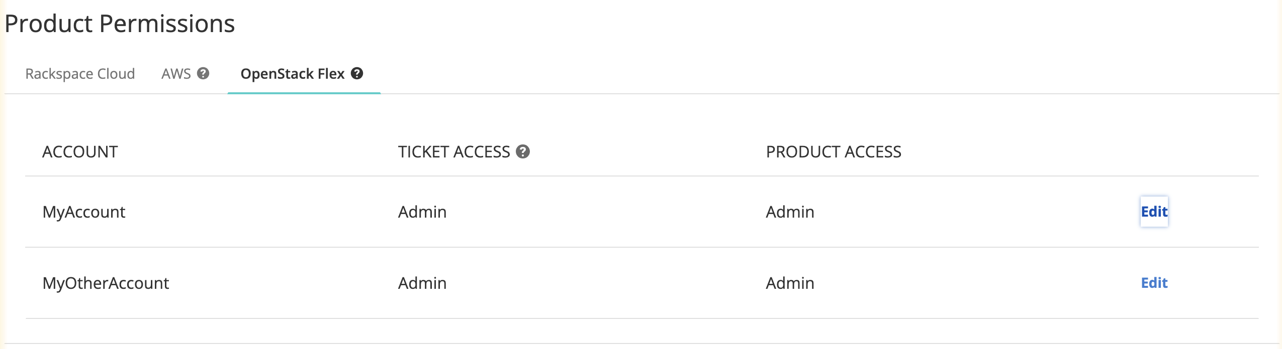 Product Permissions for Users in the OpenStack Flex tab.