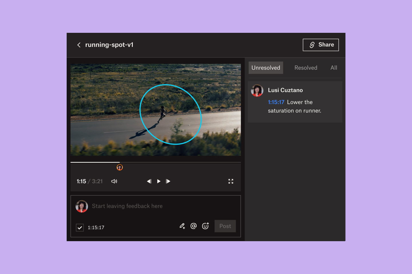Dropbox Replay UI showing someone annotating a video by circling an area on it and adding a timestamped comment.