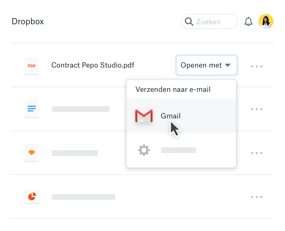 Een gebruiker die een Dropbox-bestand deelt met Gmail
