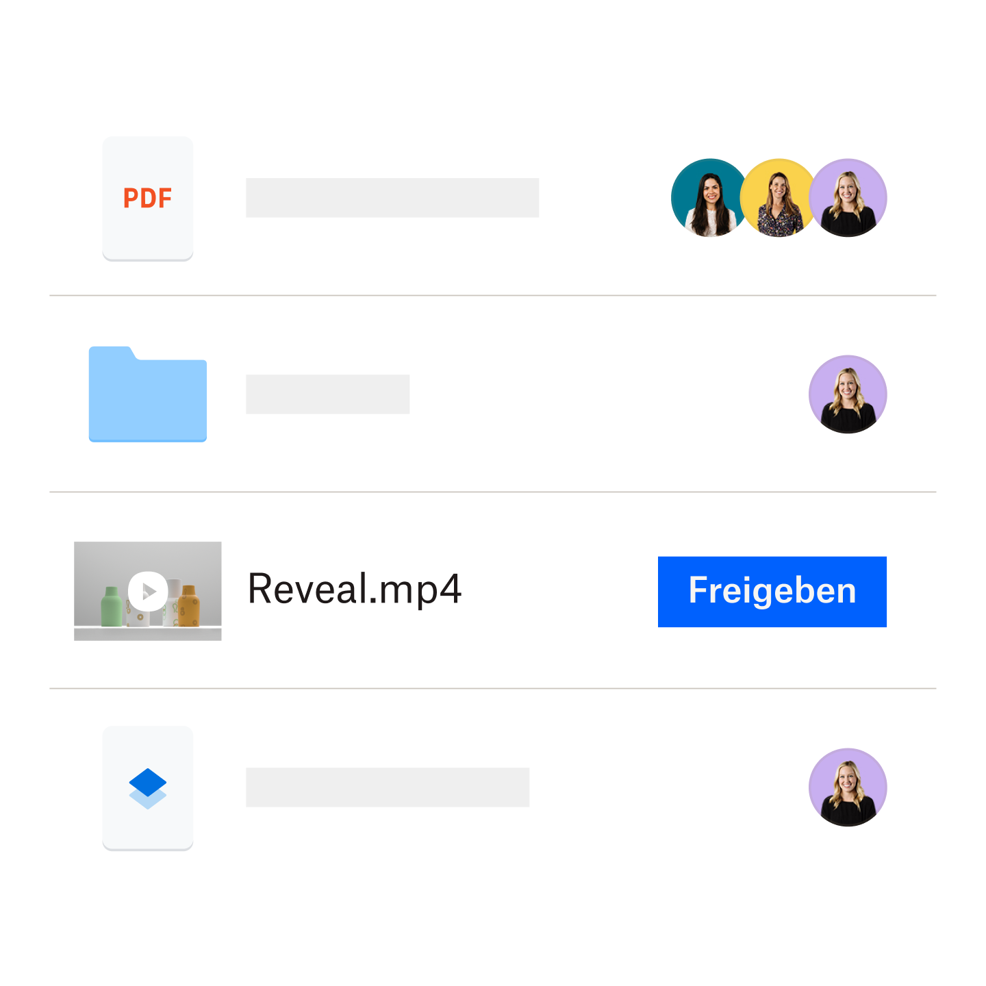 Eine Ansicht der Dateien und Videos, die in einem Dropbox-Ordner gespeichert sind, der leicht geteilt werden kann