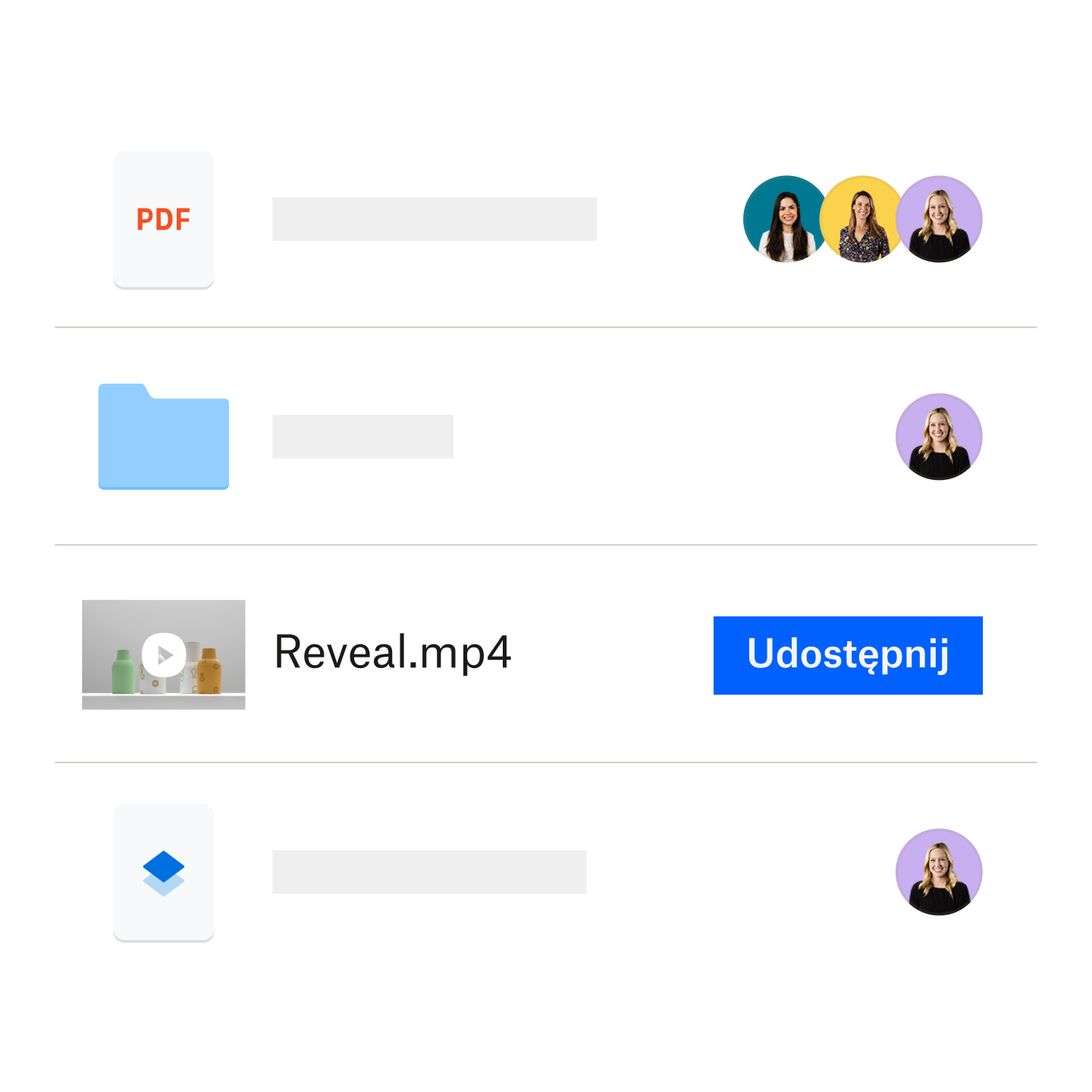 Widok zapisanych w folderze Dropbox plików i filmów, które można łatwo udostępniać