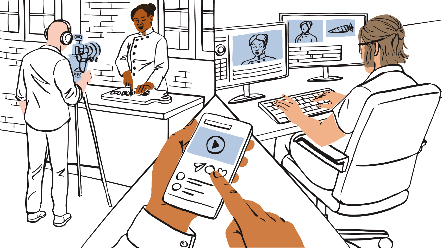 An illustration depicting a team of videographers creating content for different platforms with the video editing tools available in Dropbox.