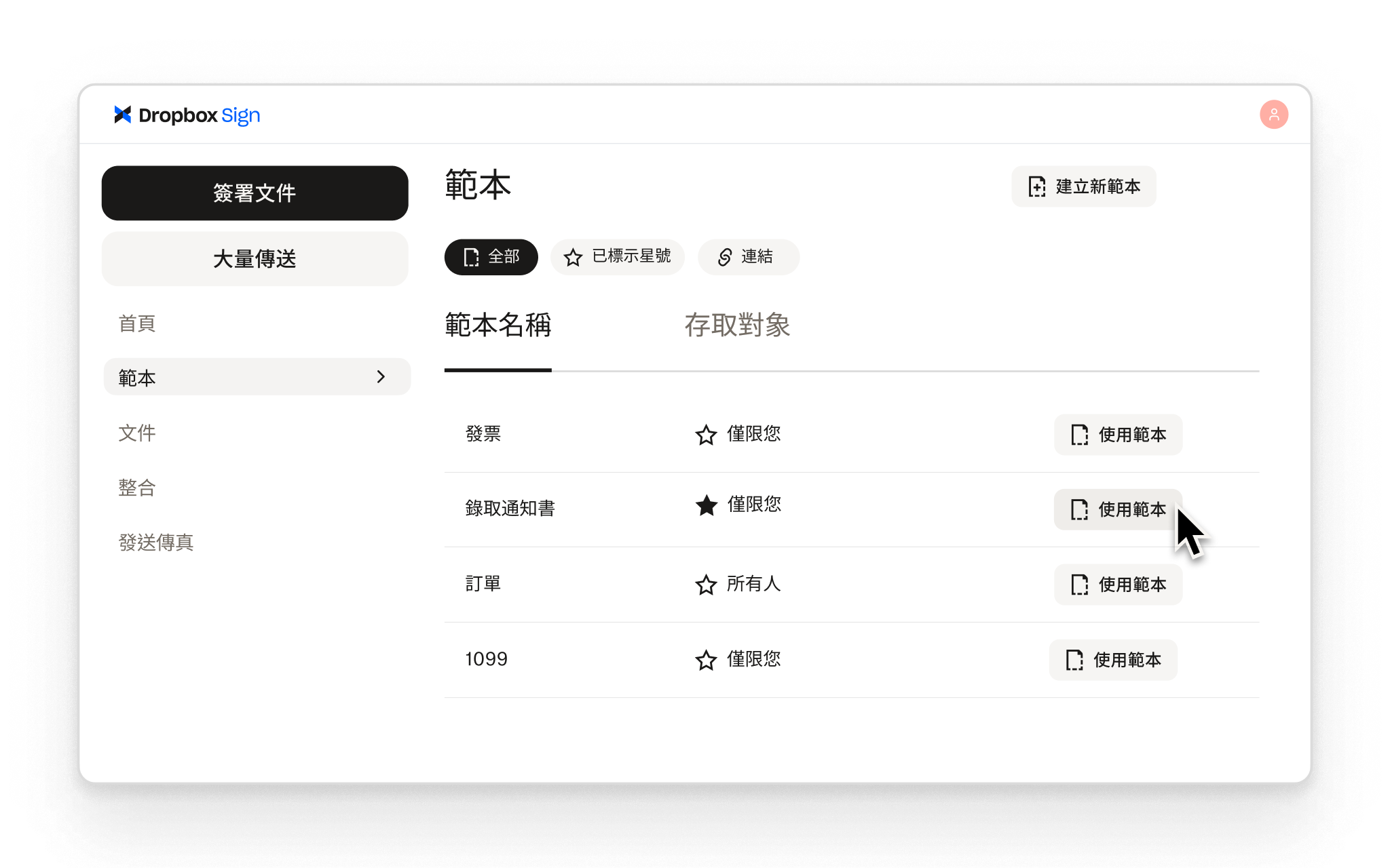 Dropbox Sign 讓使用者為常見的簽名工作流程建立可重複使用的範本,並為每個範本設定存取控制。