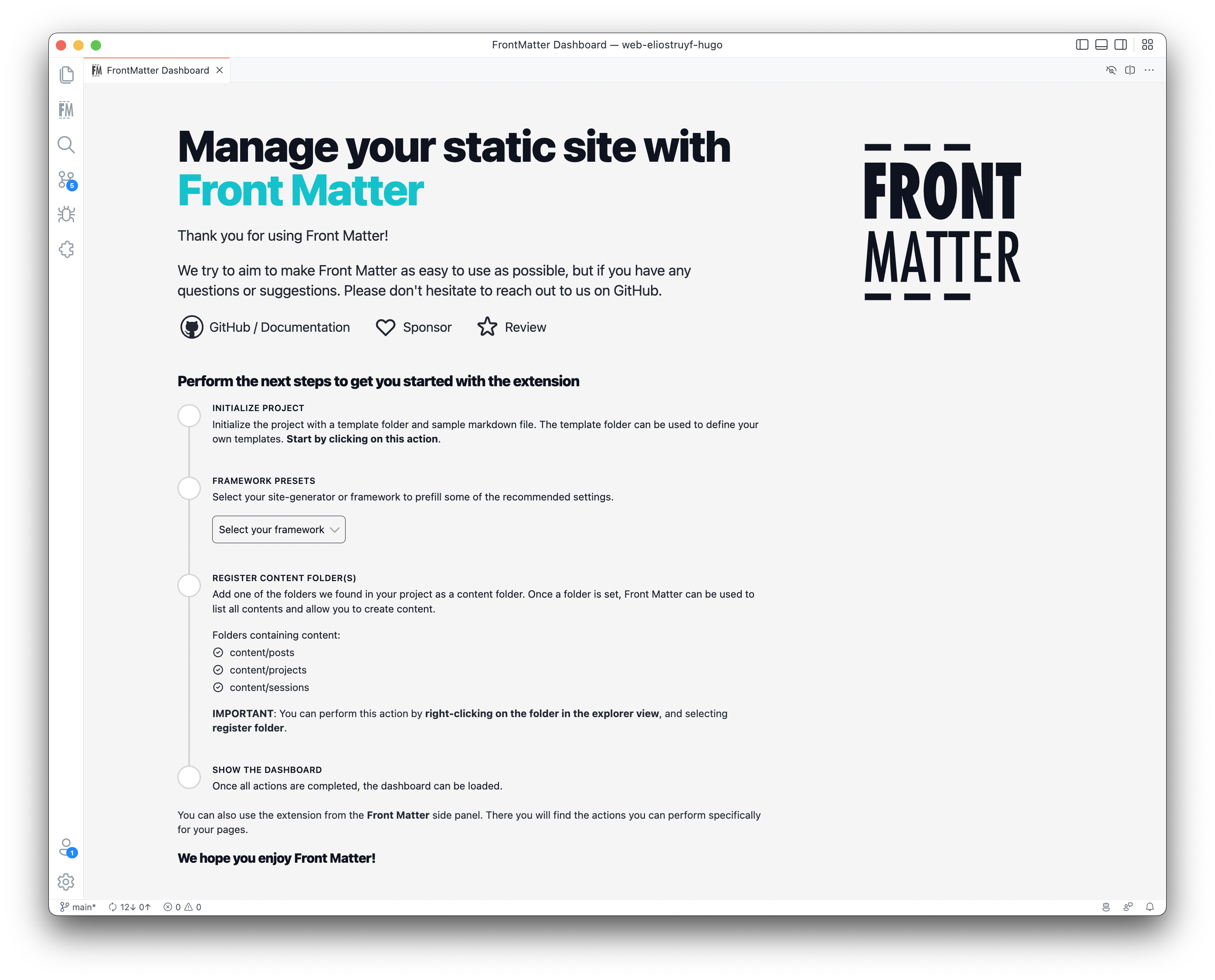 Welcome screen to configure your website
