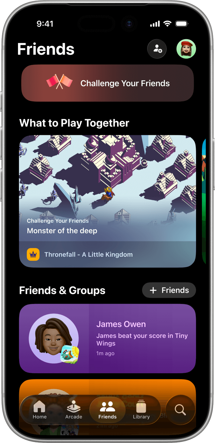 iPhone in portrait mode showing the Apple Games app Friends tab. The first action is Challenge Your Friends. Below that is the What to Play Together section showing a carousel of games with their key art. Below that is the Friends and Groups list.