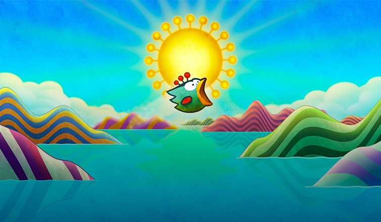 Un pájaro de caricatura abre el pico grande para devorar una esfera de luz que asemeja el sol.