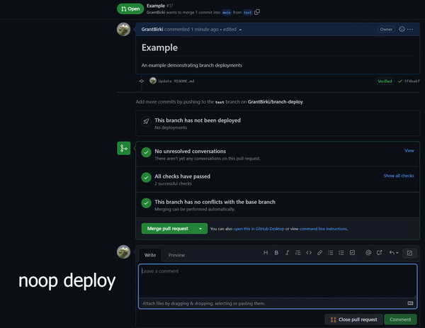 Gif demonstrating how to us the branch-deploy Action.
