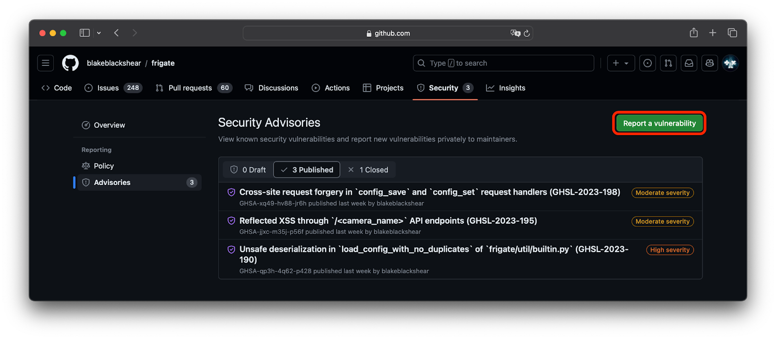 Screenshot of the security advisories page in the frigate repository with the "Report a vulnerability" button highlighted.