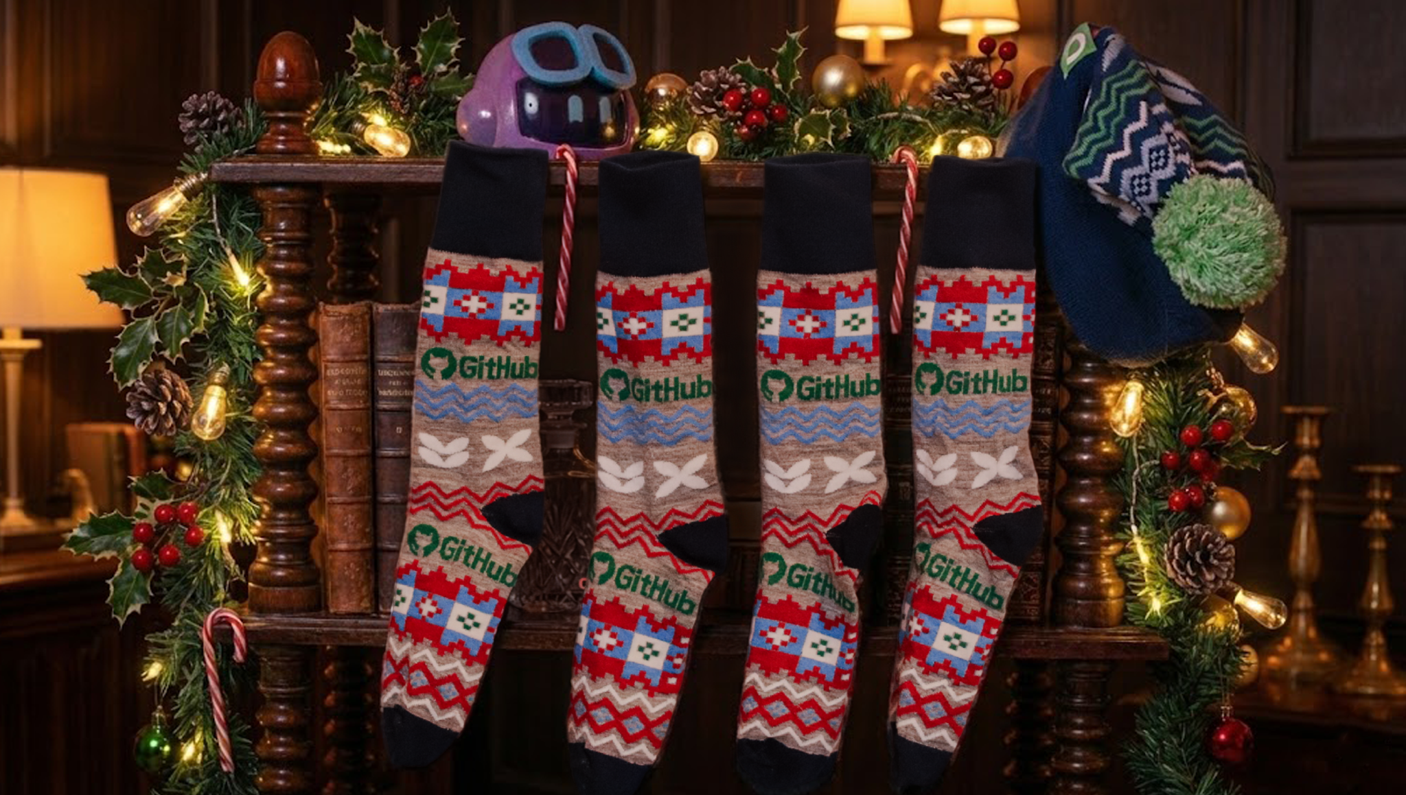 Four GitHub Ugly Holiday socks hanging on a shelf looking like stockings, the hat is hanging on the shelf too, and the amazeball is sitting on the shelf. The feeling is cosy and full of holiday cheer.