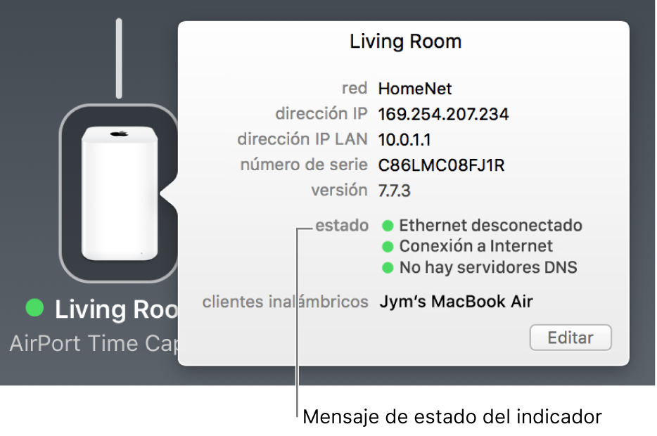 Un mensaje de estado del indicador.