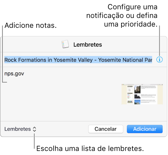 Diálogo com os detalhes de um lembrete adicionado a partir do Safari.