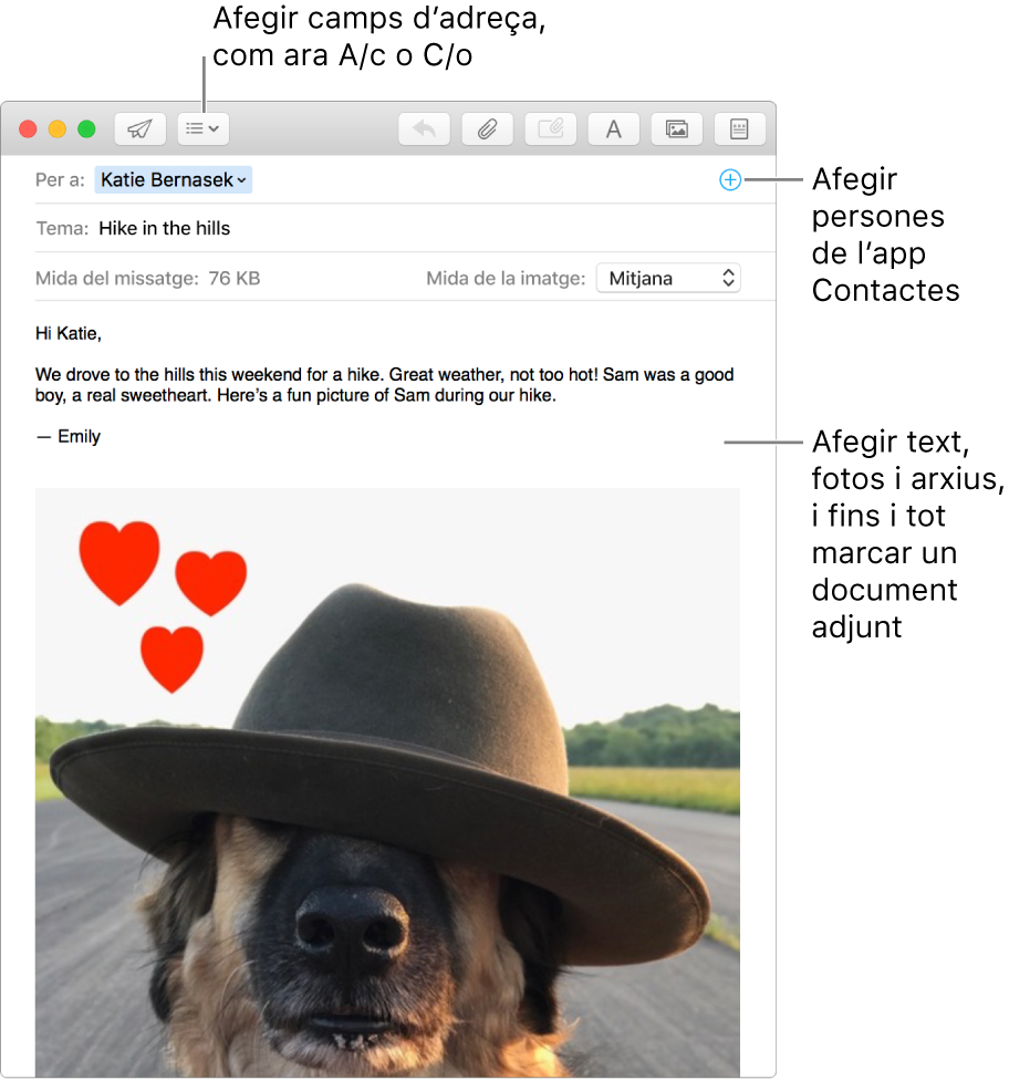 Una nova finestra de missatge indicant el botó “Camps de capçalera”, el botó Afegir en un camp d’adreça per afegir persones de Contactes i mostrant una imatge marcada al cos del missatge.
