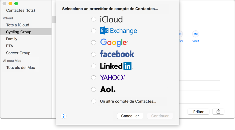 Finestra per afegir comptes d’Internet a l’app Contactes.