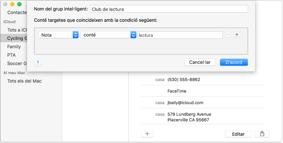 Finestra per afegir un grup intel·ligent, amb un grup anomenat “Club de lectura” que conté els contactes que tenen la paraula “lectura” al seu camp Nota.