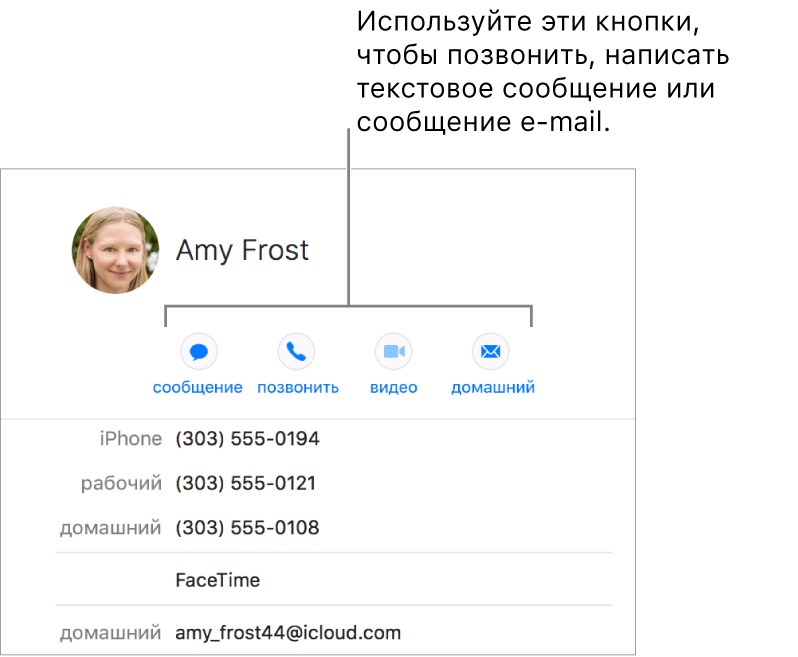 Карточка контакта с кнопками под именем контакта. Эти кнопки можно использовать для отправки текстового сообщения, совершения телефонного звонка, аудиовызова, видеовызова или отправки электронного письма.