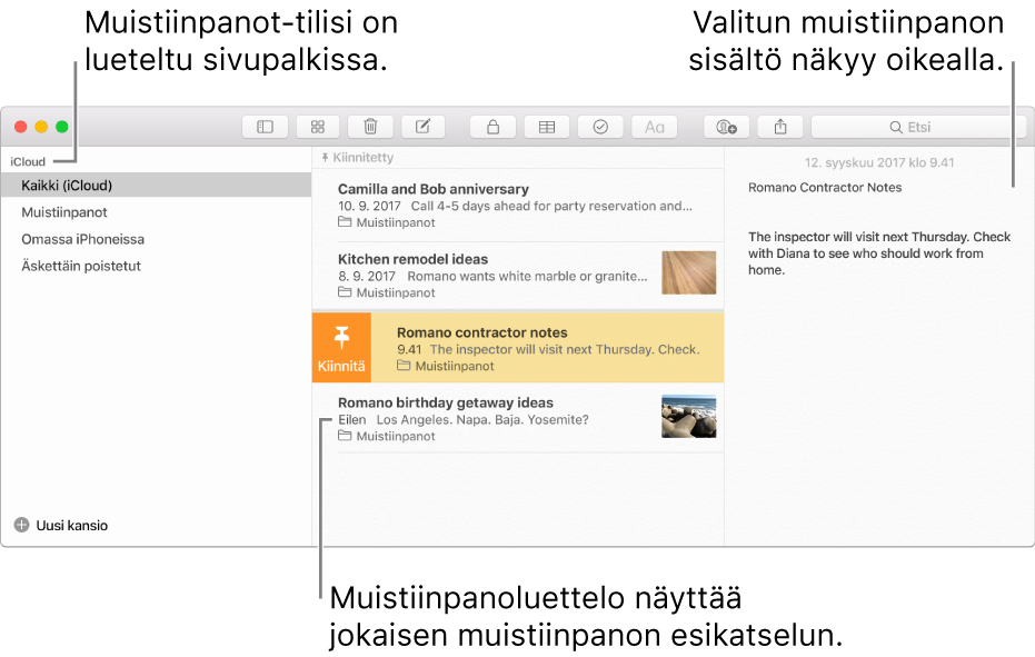 Muistiinpanot-ikkuna, jonka vasemmalla olevassa sivupalkissa on luetteloituna kaikki asetetut tilit, keskellä on muistiinpanoluettelo, jossa näkyy esikatselu jokaisesta muistiinpanosta, ja oikealla näkyy valitun muistiinpanon sisältö.