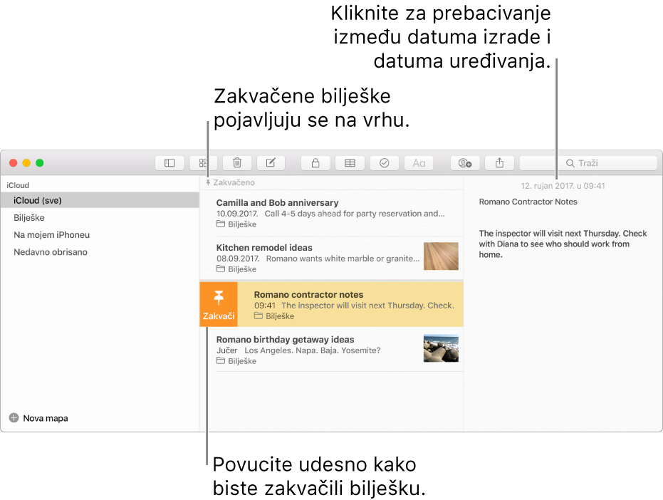 Prozor Bilješke s popisom bilješki u sredini, pričvršćenim bilješkama na vrhu popisa bilješki i tipkom Pričvrsti na jednoj bilješci. Sadržaj bilješke pojavljuje se na desnoj strani s datumom na vrhu; kliknite datum za prebacivanje između datuma izrade i datuma uređivanja.