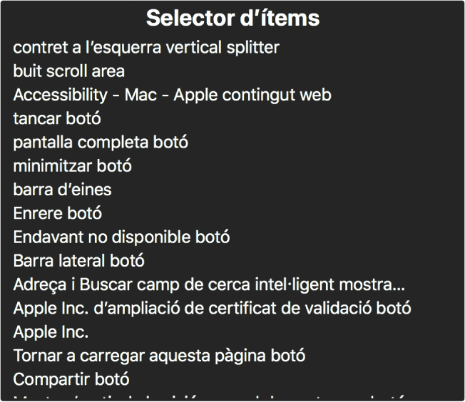 El selector d’ítems és un tauler que mostra una llista d’ítems com ara una àrea de desplaçament buida, el botó per tancar, una barra d’eines i el botó Compartir, entre d’altres.