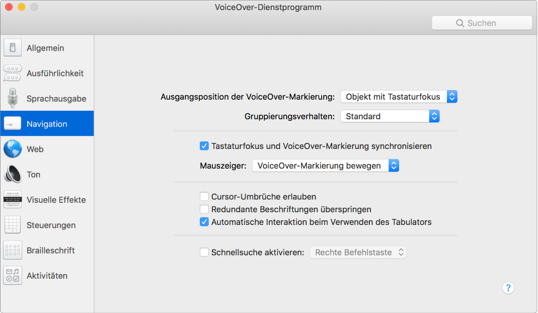 Das Fenster des VoiceOver-Dienstprogramms mit ausgewählter Kategorie „Navigation“ in der Seitenleiste links und den zugehörigen Optionen rechts. Unten rechts im Fenster ist die Hilfetaste, mit der die Hilfethemen der VoiceOver Online-Hilfe mit einer Erklärung für die Optionen angezeigt werden können.
