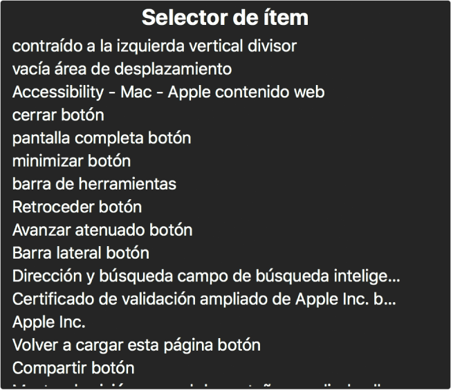 El selector de ítem es un panel que incluye una lista de ítems como el área de desplazamiento vacía, el botón de cierre, la barra de herramientas y el botón Compartir, entre otros.