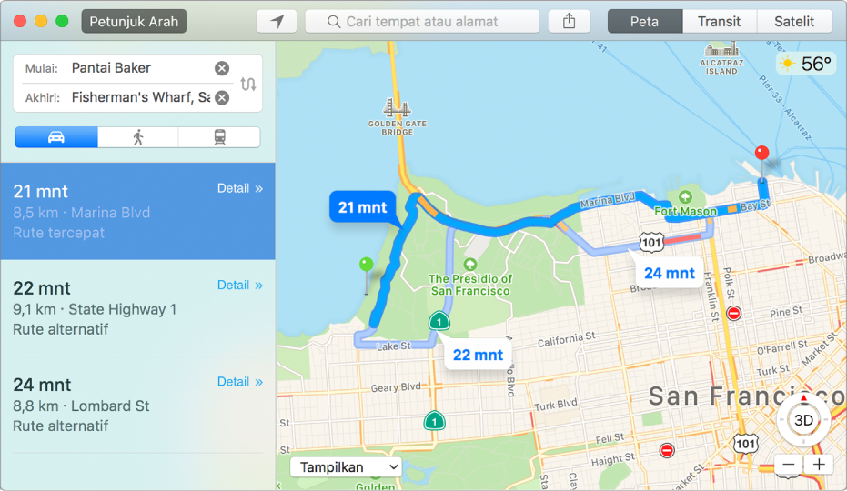 Jendela Peta menampilkan rute ke tujuan.
