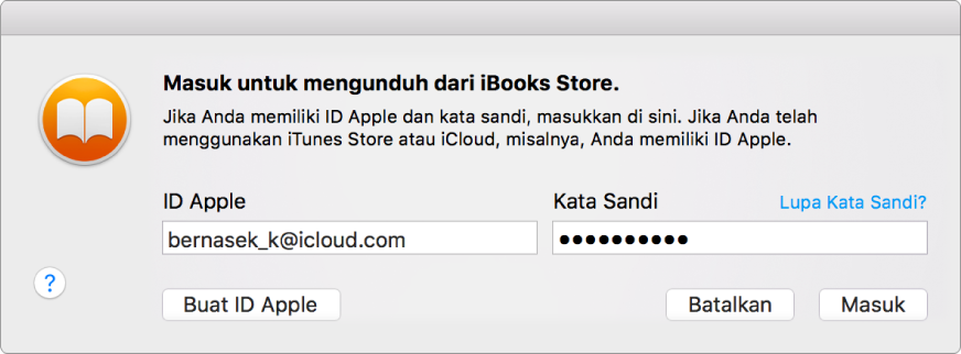 Dialog untuk masuk menggunakan ID Apple dan kata sandi.