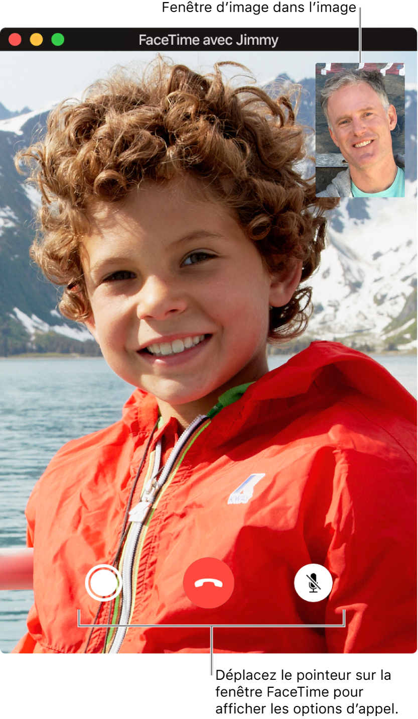 La fenêtre FaceTime pendant un appel vidéo, avec les boutons Live Photo, Raccrocher et Couper le micro, en bas.