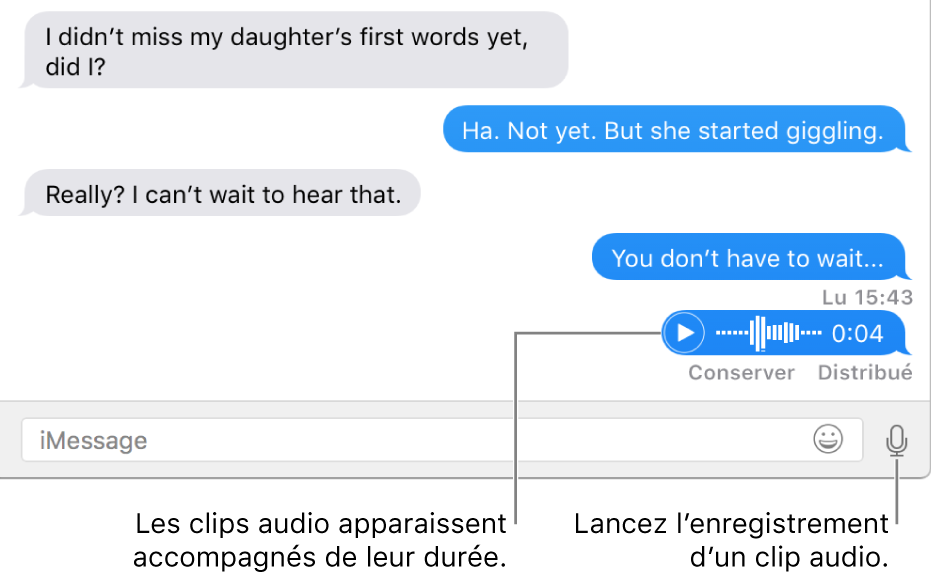 Une conversation dans la fenêtre Messages avec le bouton Soundbite en regard de la zone de texte au bas de la fenêtre.