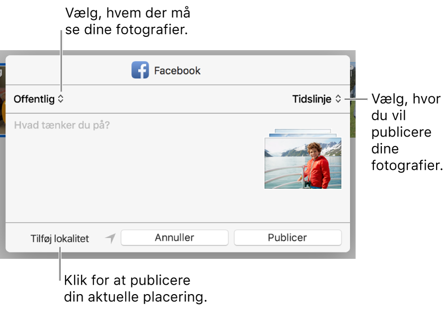 Dialog til deling via Facebook.