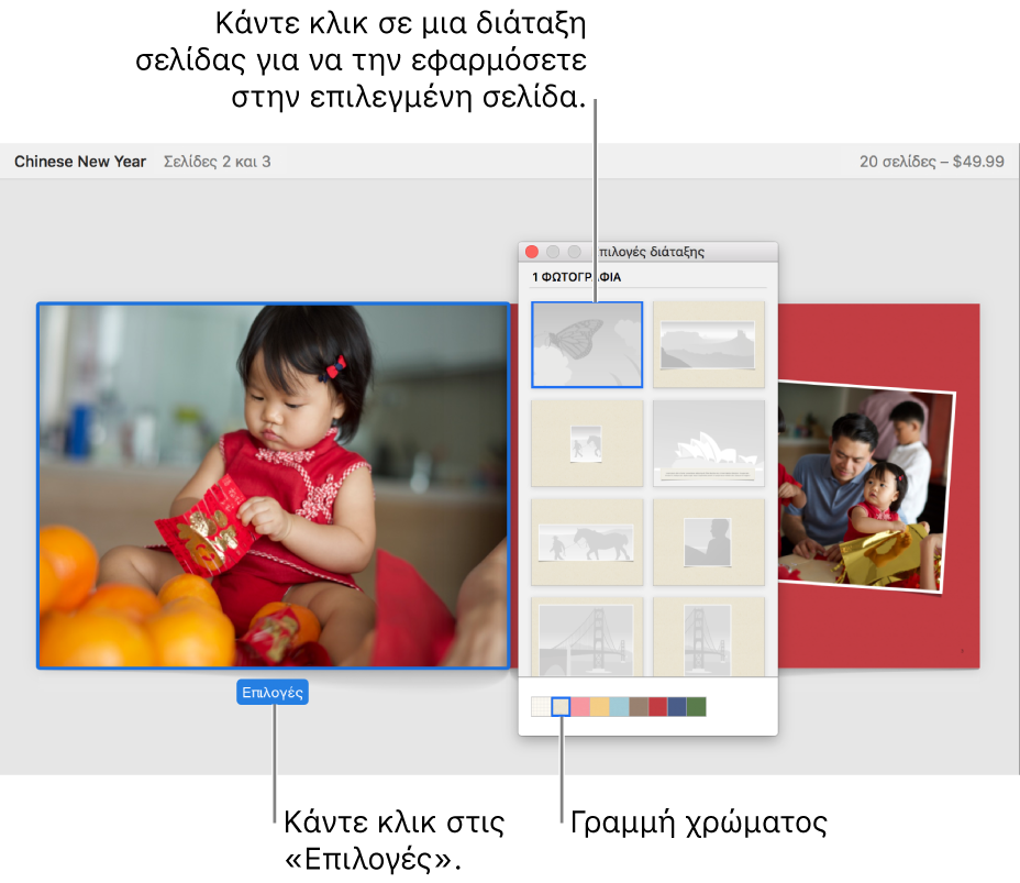 Δισέλιδο βιβλίου, με το παράθυρο «Επιλογές διάταξης» να εμφανίζεται μπροστά του.