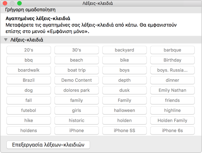 Παράθυρο της Διαχείρισης λέξεων-κλειδιών