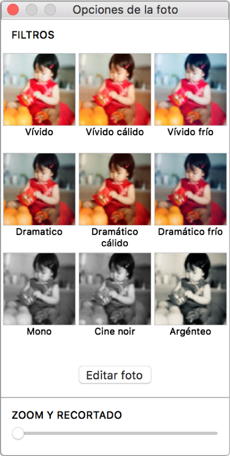 Ventana “Opciones de foto” con las opciones de borde en la parte superior.