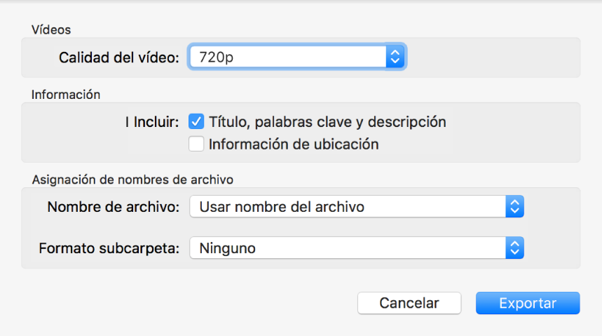 Cuadro de diálogo “Exportar original” con las opciones de exportación.