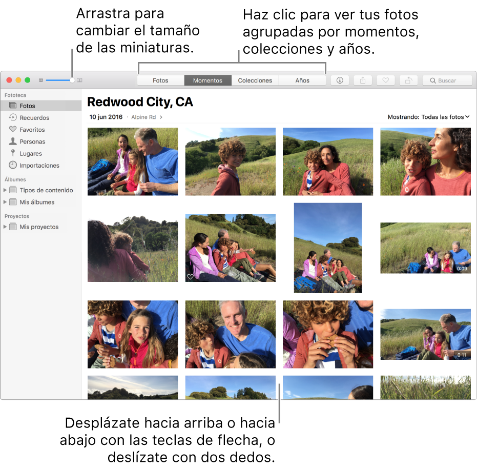Ventana de Fotos con las fotos de un momento.