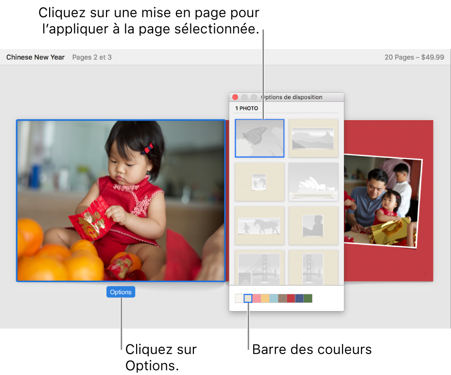 Livre en double page ; la fenêtre des options de disposition est au premier plan.