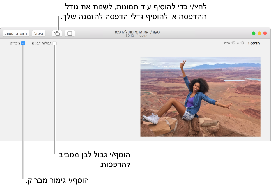 חלון המציג את אפשרויות ״סקור הדפסות״.