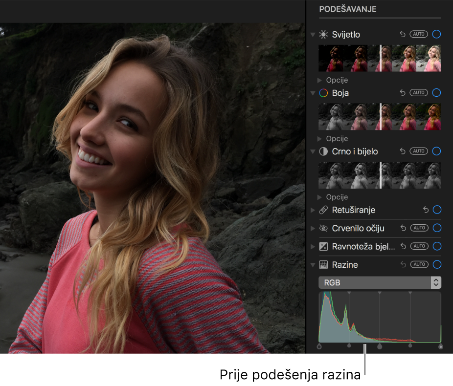 Fotografija prije podešenja razina.