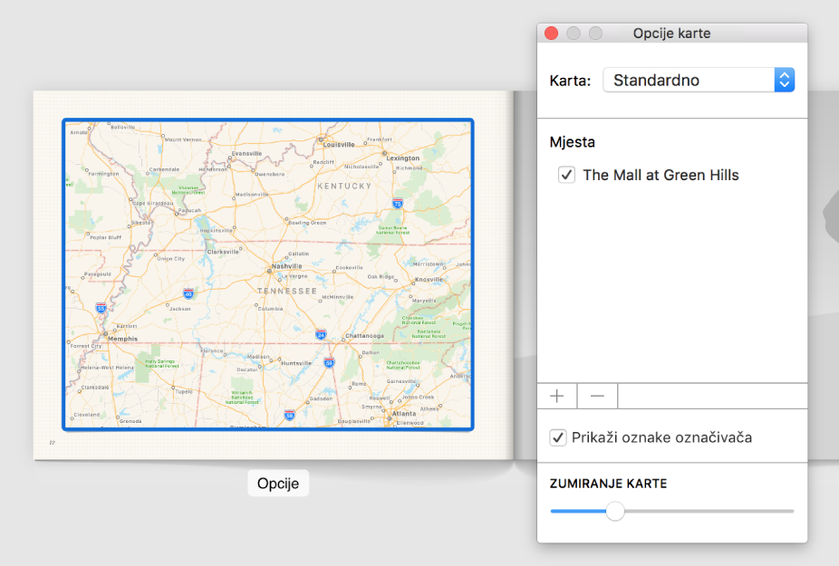 Karta u knjizi s tipkom Opcije ispod nje, te prozor Opcije karte otvoren desno od nje.