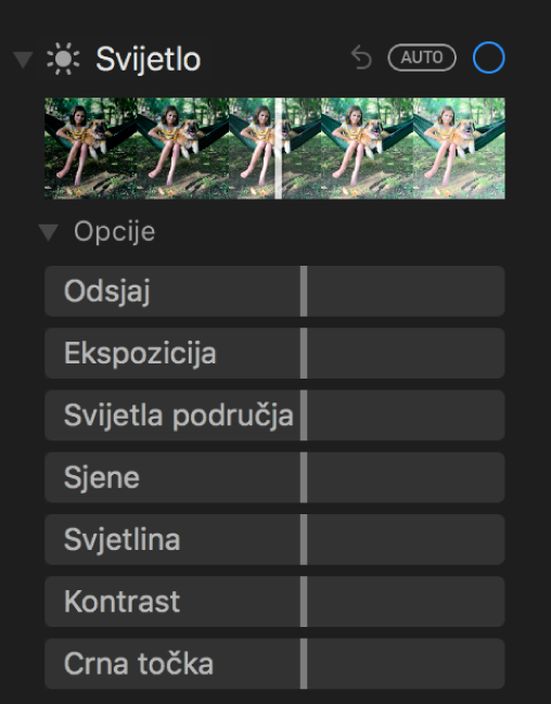 Područje Svjetlo prozora Prilagodi koji prikazuje kliznike za Odsjaj, Ekspoziciju, Svijetla područja, Sjene, Svjetlinu, Kontrast i Crnu točku.