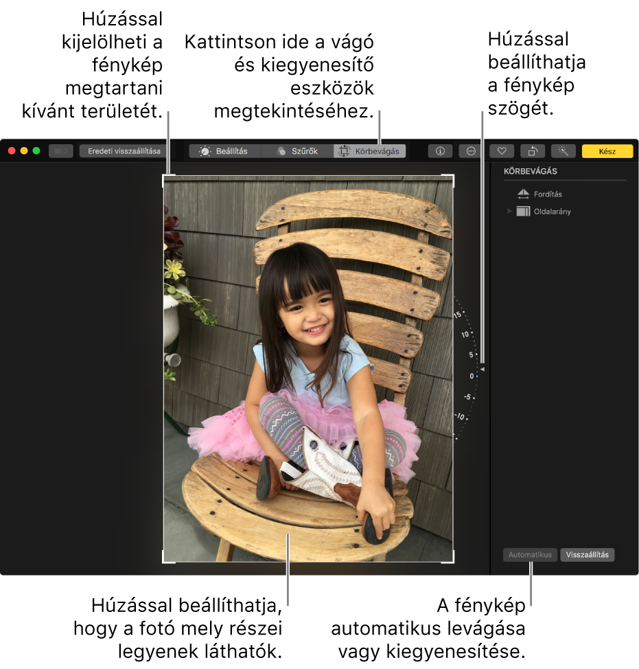 Fotót megjelenítő ablak a körbevágási és kiegyenesítési lehetőségekkel.