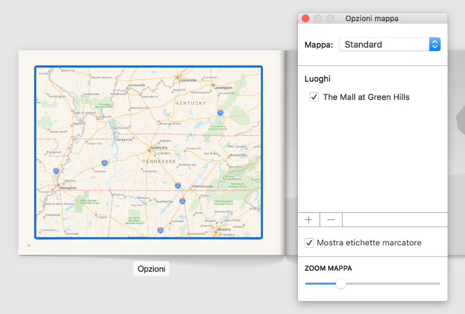 Una mappa in un fotolibro con il pulsante Opzioni al di sotto e la finestra “Opzioni mappa” aperta a destra.