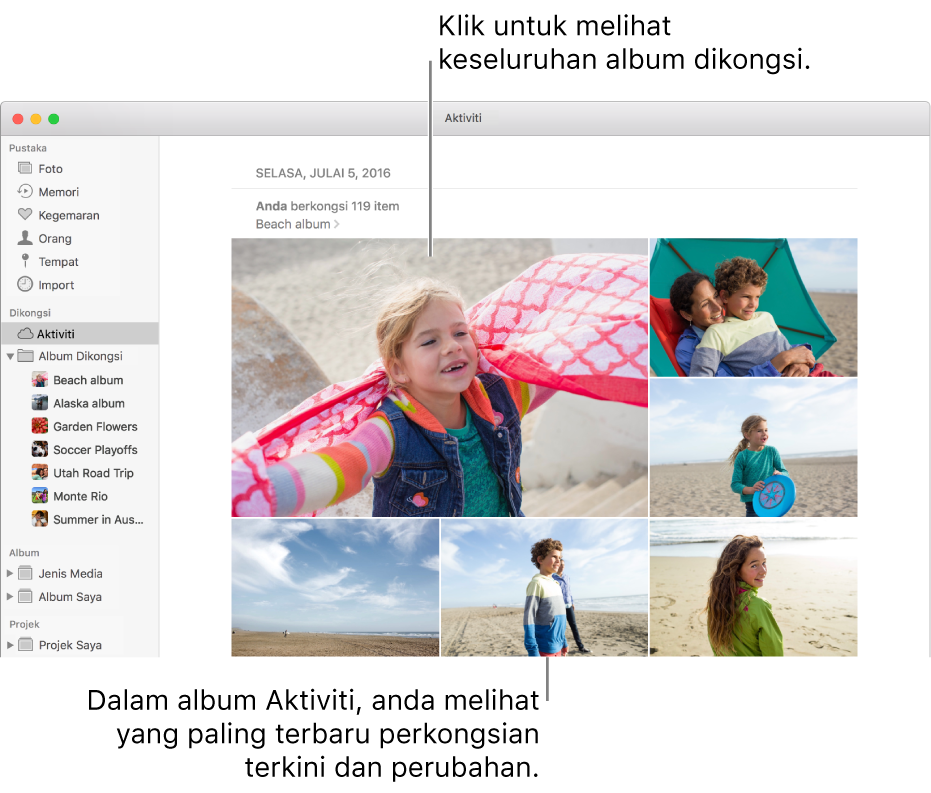 Tetingkap Foto dengan album Aktiviti dipaparkan.