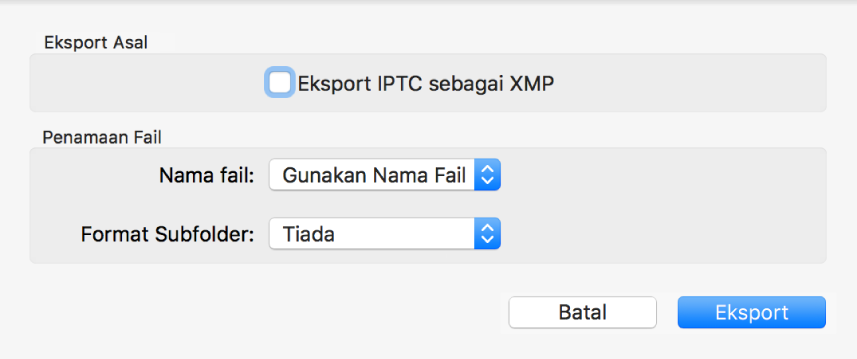 Dialog Eksport Asal menunjukkan pilihan eksport.