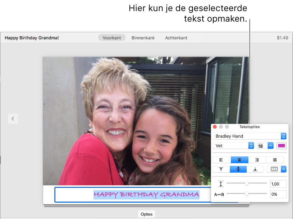 Een kaart met geselecteerde tekst en het venster 'Tekstopties' aan de rechterkant.