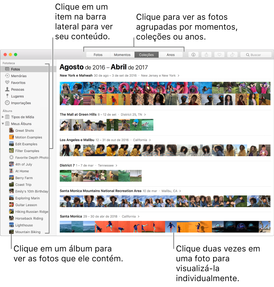 Janela do Fotos exibindo fotos organizadas por coleção.