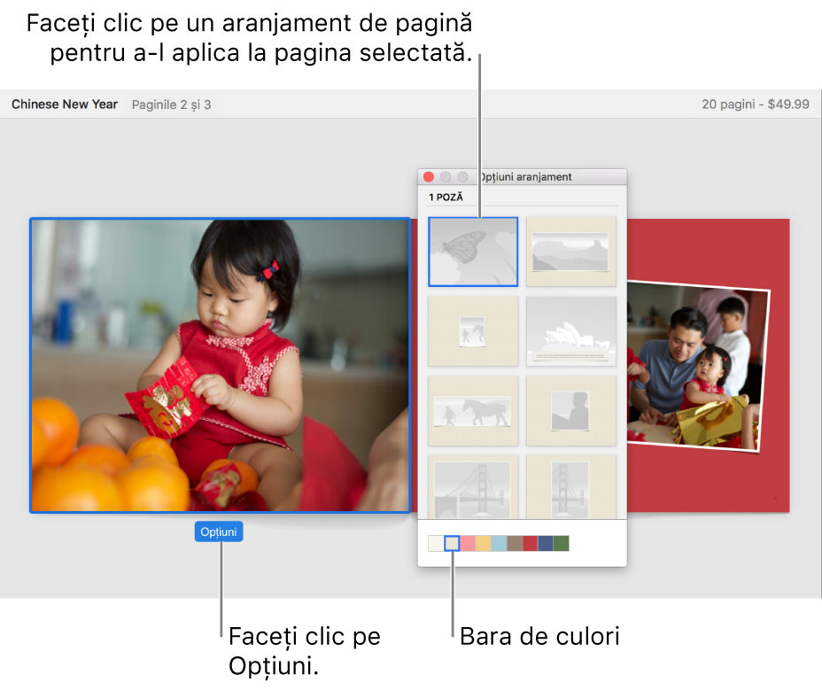 Pagină dublă a unei cărți, cu fereastra Opțiuni aranjament afișată în fața ei.